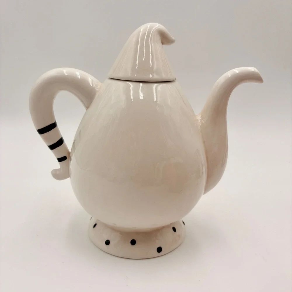 Johanna Parker Gus Ghost Clown Ceramic Teapot White Black Polka Dot Halloween